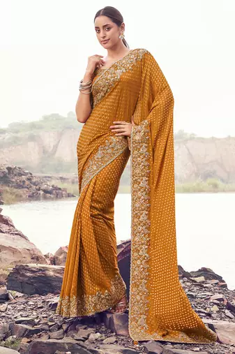 mustard satin silk blend jacquard woven with embroidered border saree with blouse