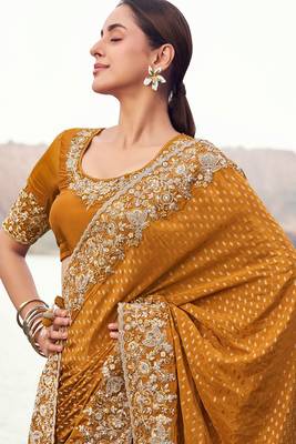 mustard satin silk blend blend jacquard woven with embroidered border saree with blouse 2