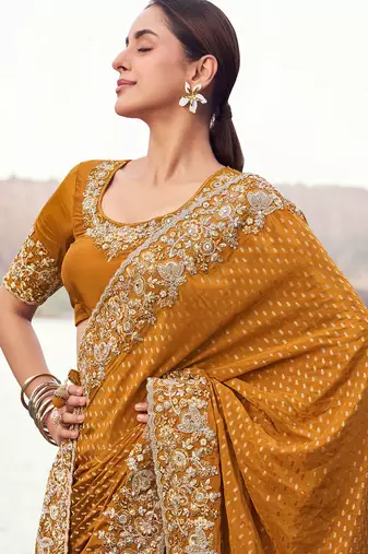 mustard satin silk blend blend jacquard woven with embroidered border saree with blouse