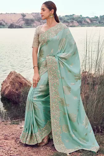 sky blue tissue silk blend jacquard woven with embroidered border saree with blouse