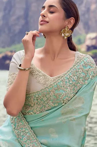 sky blue tissue silk blend blend jacquard woven with embroidered border saree with blouse