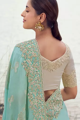sky blue tissue silk blend blend jacquard woven with embroidered border saree with blouse