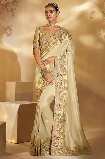 cream ziraf silk blend jari, thread, cut-dana with moti heavy work saree with blouse