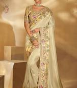 cream ziraf silk blend jari, thread, cut-dana with moti heavy work saree with blouse