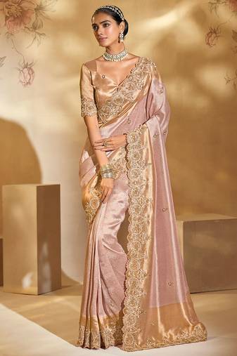 pink ziraf silk blend jari, moti, cut-dana with emerald heavy work saree with blouse