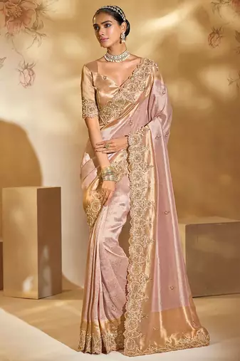 pink ziraf silk blend jari, moti, cut-dana with emerald heavy work saree with blouse