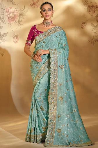 sea green banarasi jari, lukhnowi with jarkhan heavy work saree with blouse