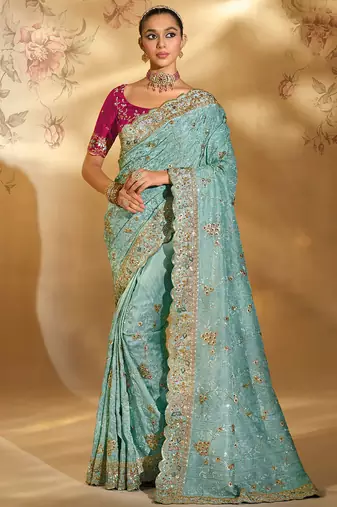 sea green banarasi jari, lukhnowi with jarkhan heavy work saree with blouse