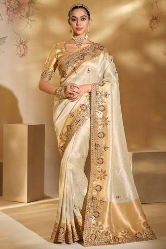 cream ziraf silk blend mirror, cut-dana, moti with jardoshi heavy work saree with blouse