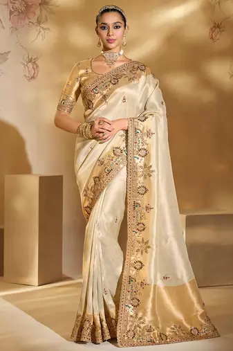 cream ziraf silk blend mirror, cut-dana, moti with jardoshi heavy work saree with blouse