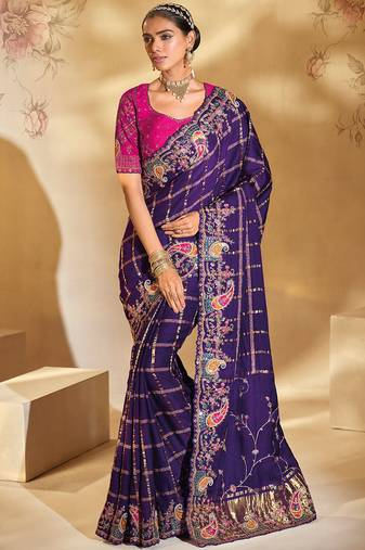 purple gajji silk blend jari, thread, moti, cut-dana with mirror heavy work saree with blouse