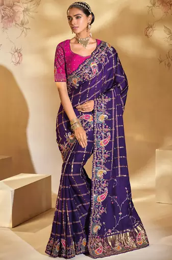 purple gajji silk blend jari, thread, moti, cut-dana with mirror heavy work saree with blouse