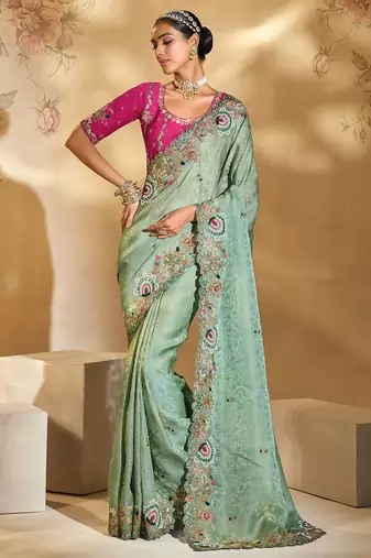 sea green kanjipuram silk blend jari, thread, moti, cut-dana with mirror heavy work saree with blouse