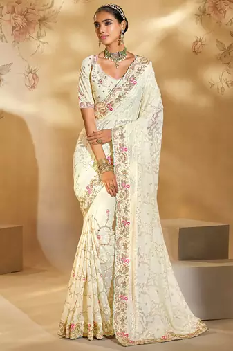 cream georgette lukhnowi, cut-dana, moti with mirror heavy work saree with blouse