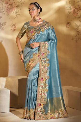 blue ziraf silk blend jari, thread, cut-dana with moti heavy work saree with blouse