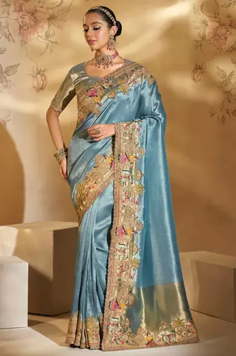 blue ziraf silk blend jari, thread, cut-dana with moti heavy work saree with blouse