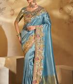 blue ziraf silk blend jari, thread, cut-dana with moti heavy work saree with blouse
