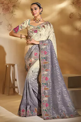 cream & grey crape jari, thread, moti, cut-dana with mirror heavy work saree with blouse