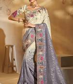 cream & grey crape jari, thread, moti, cut-dana with mirror heavy work saree with blouse