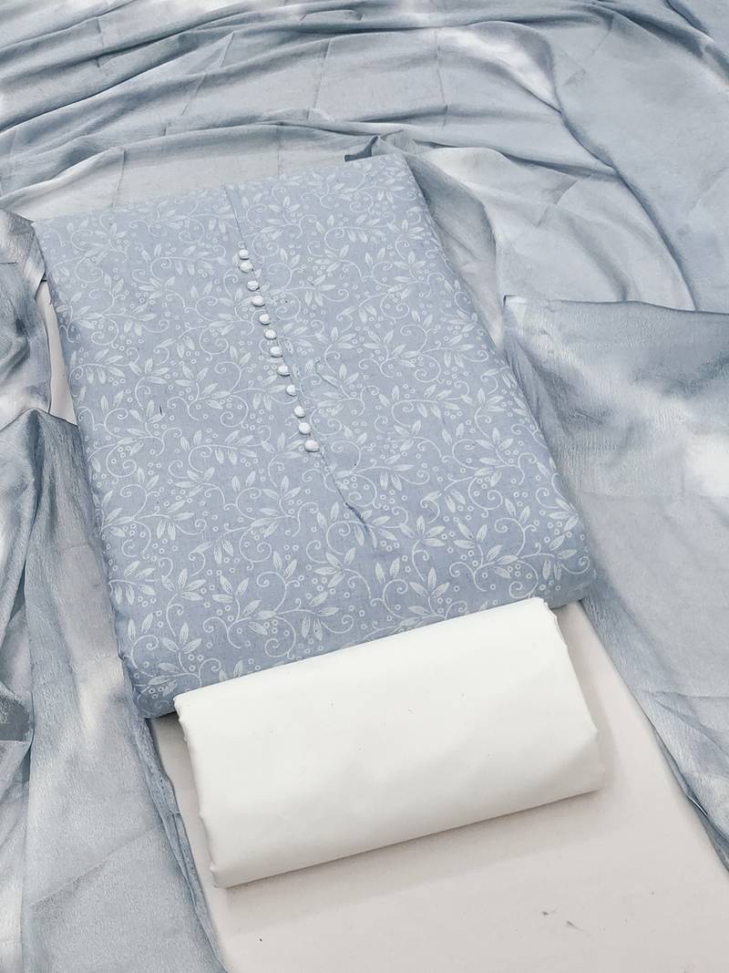 pastel blue cotton printed salwar suit dress material for women