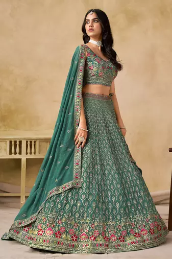 Rama Blue Georgette Sequins work and Thread Embroidery work indian latest design party wear lehenga