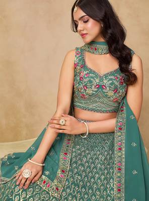 Rama Blue Georgette Sequins work and Thread Embroidery work indian latest design party wear lehenga 2