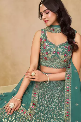 Rama Blue Georgette Sequins work and Thread Embroidery work indian latest design party wear lehenga