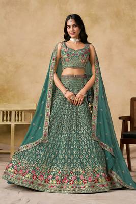 Rama Blue Georgette Sequins work and Thread Embroidery work indian latest design party wear lehenga 3