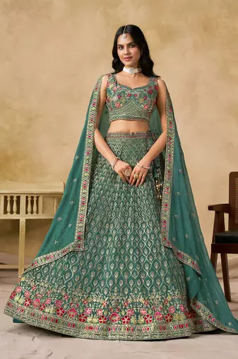 Rama Blue Georgette Sequins work and Thread Embroidery work indian latest design party wear lehenga