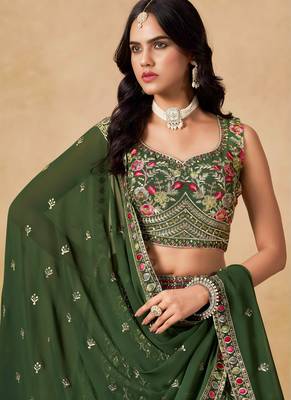 Green Georgette Sequins work and Thread Embroidery work indian latest design wedding lehenga choli 2