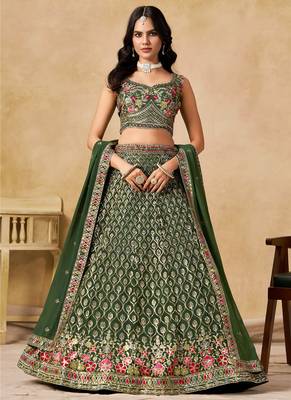 Green Georgette Sequins work and Thread Embroidery work indian latest design wedding lehenga choli 3