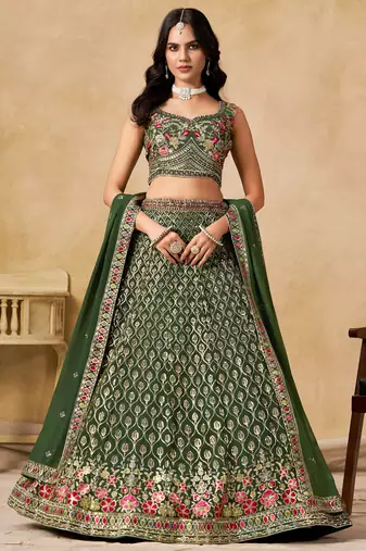 Green Georgette Sequins work and Thread Embroidery work indian latest design wedding lehenga choli