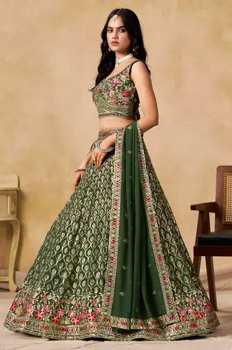 Green Georgette Sequins work and Thread Embroidery work indian latest design wedding lehenga choli