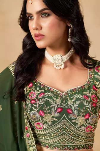 Green Georgette Sequins work and Thread Embroidery work indian latest design wedding lehenga choli