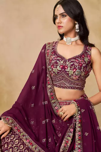Maroon Georgette Sequins work and Thread Embroidery work indian latest design marriage lehenga choli