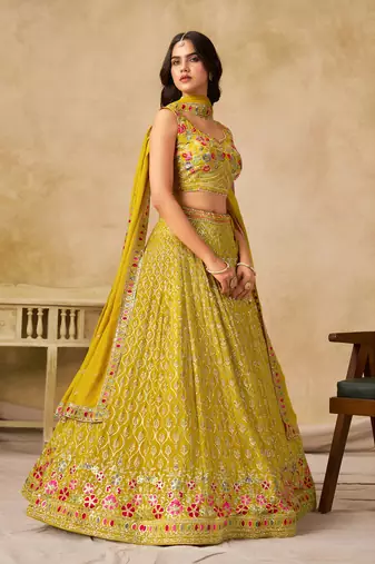 Yellow Georgette Sequins work and Thread Embroidery work indian latest design bollywood lehenga choli