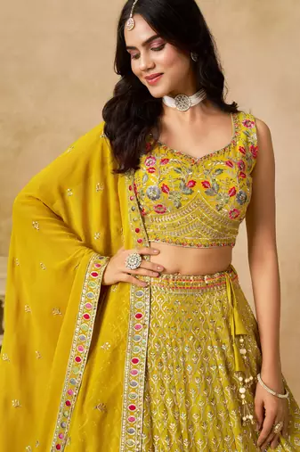 Yellow Georgette Sequins work and Thread Embroidery work indian latest design bollywood lehenga choli