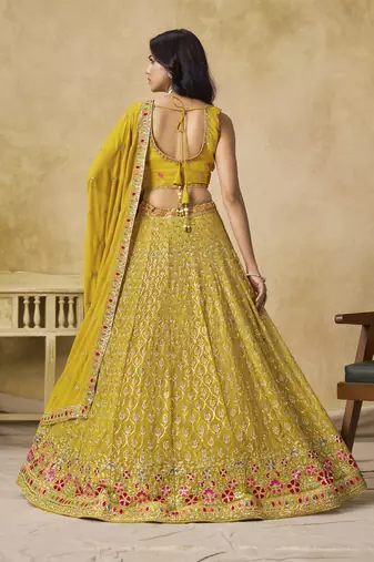Yellow Georgette Sequins work and Thread Embroidery work indian latest design bollywood lehenga choli