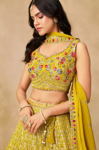 Yellow Georgette Sequins work and Thread Embroidery work indian latest design bollywood lehenga choli