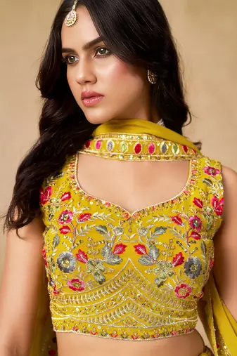 Yellow Georgette Sequins work and Thread Embroidery work indian latest design bollywood lehenga choli