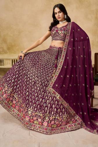 Catching Mulberry Maroon Georgette Thread Embroidered with sequins bridal lehenga choli for wedding