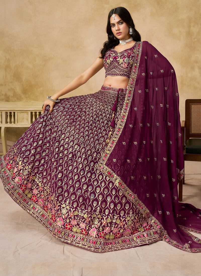 Catching Mulberry Maroon Georgette Thread Embroidered with sequins bridal lehenga choli for wedding