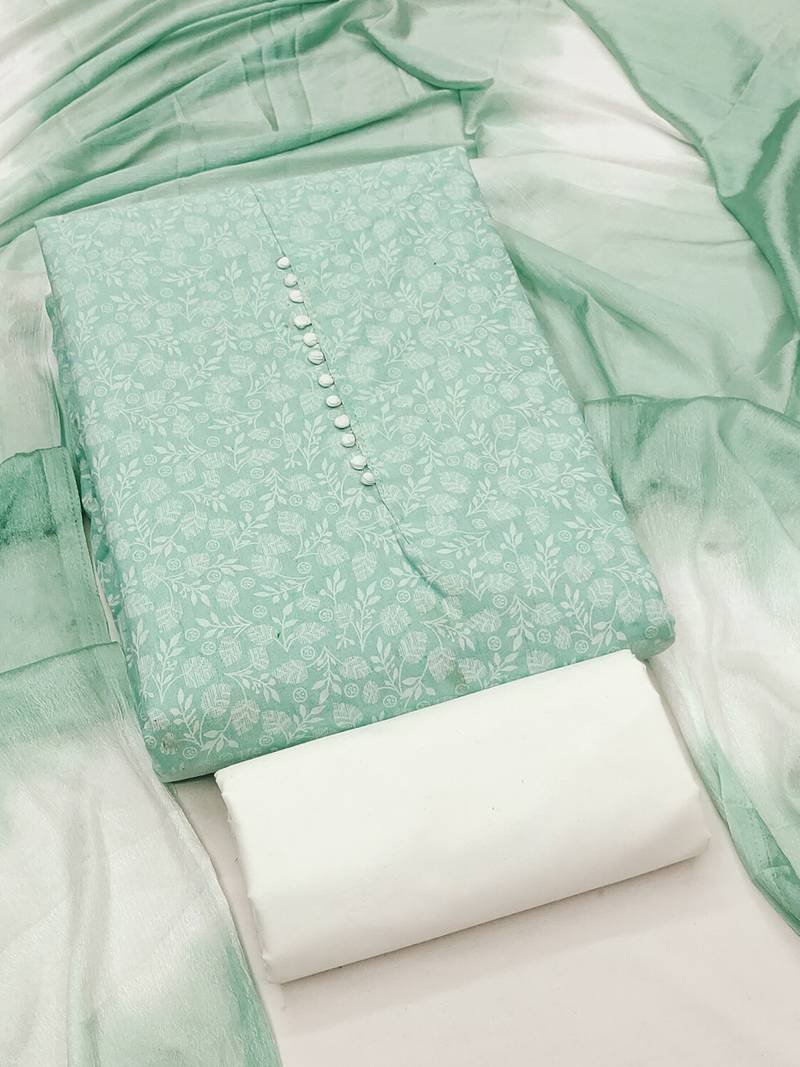 mint green cotton printed salwar suit dress material for women
