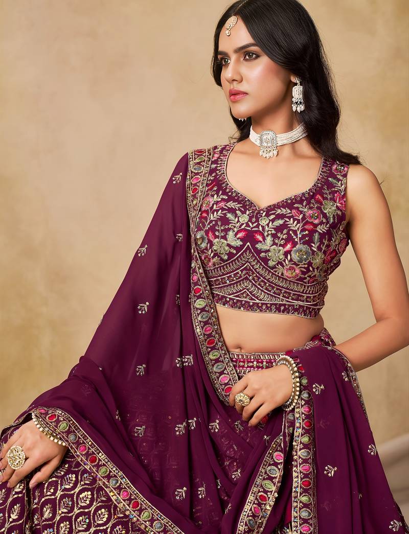 Catching Mulberry Maroon Georgette Thread Embroidered with sequins bridal lehenga choli for wedding