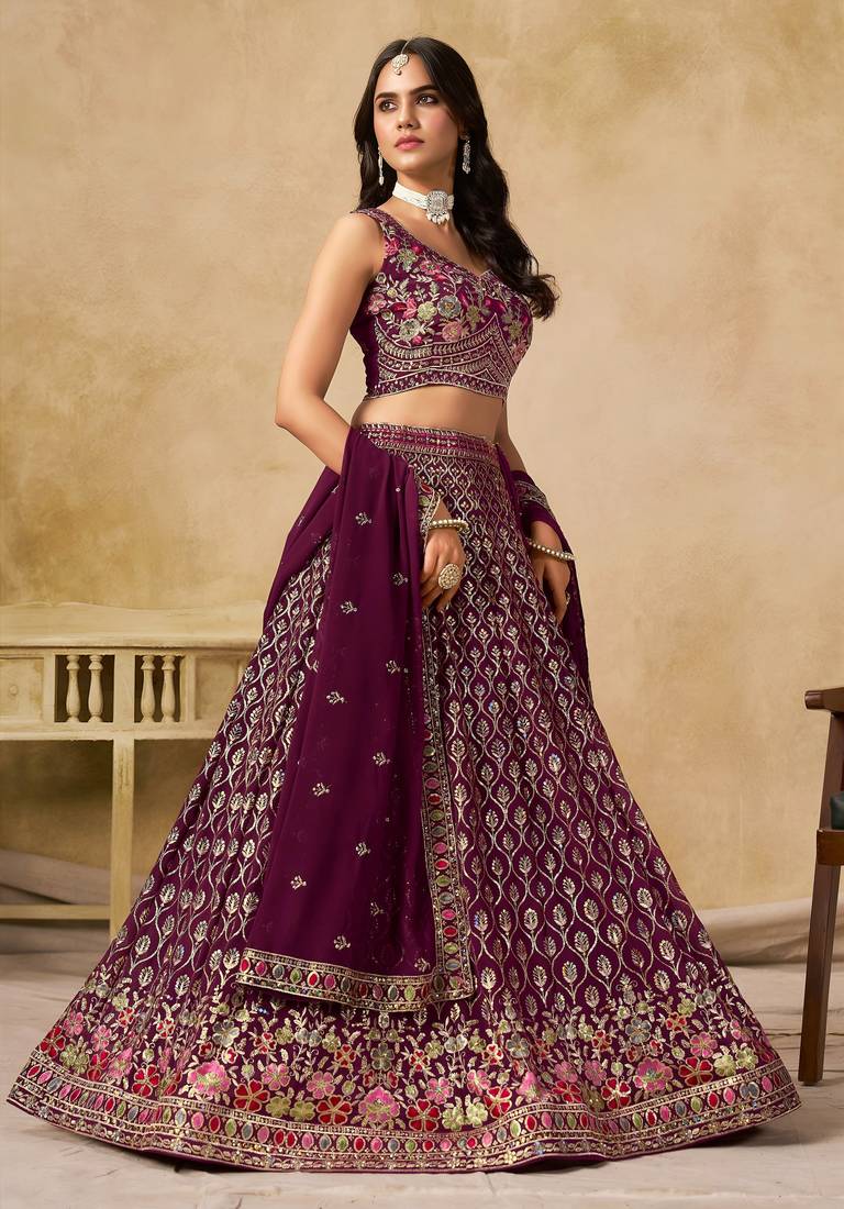 Catching Mulberry Maroon Georgette Thread Embroidered with sequins bridal lehenga choli for wedding