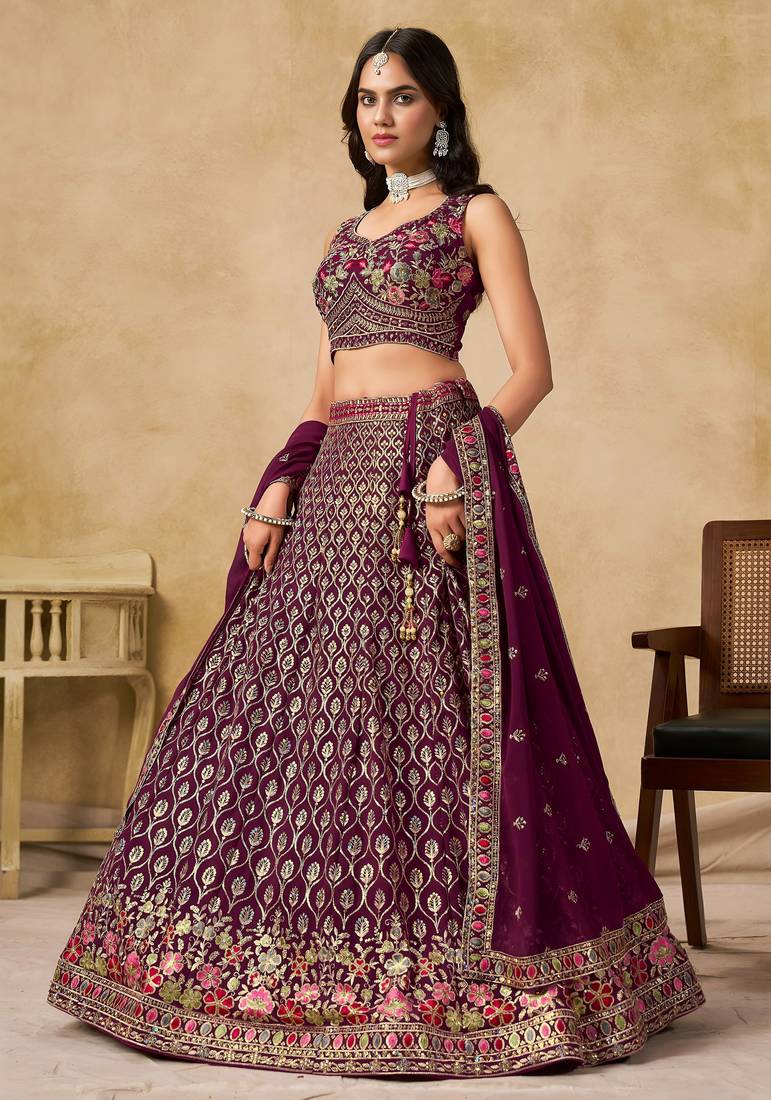 Catching Mulberry Maroon Georgette Thread Embroidered with sequins bridal lehenga choli for wedding