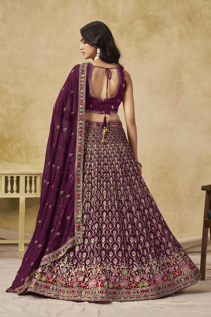Catching Mulberry Maroon Georgette Thread Embroidered with sequins bridal lehenga choli for wedding
