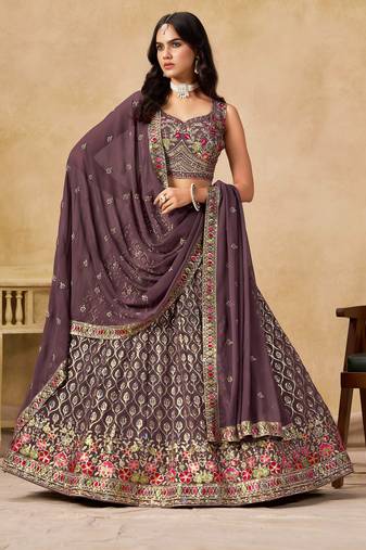Delightful Pearly Purple Georgette Sequins and Thread embroidery wedding lehenga for women