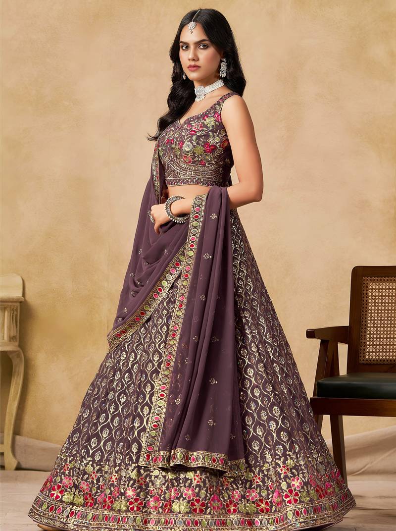 Delightful Pearly Purple Georgette Sequins and Thread embroidery wedding lehenga for women