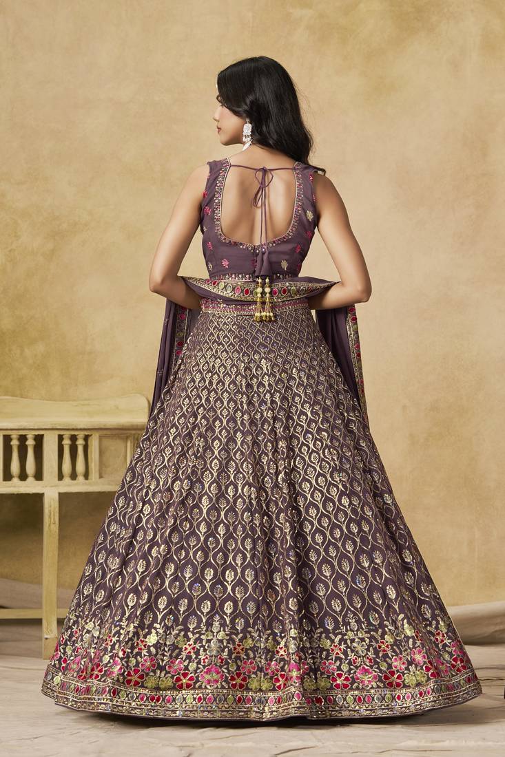 Delightful Pearly Purple Georgette Sequins and Thread embroidery wedding lehenga for women